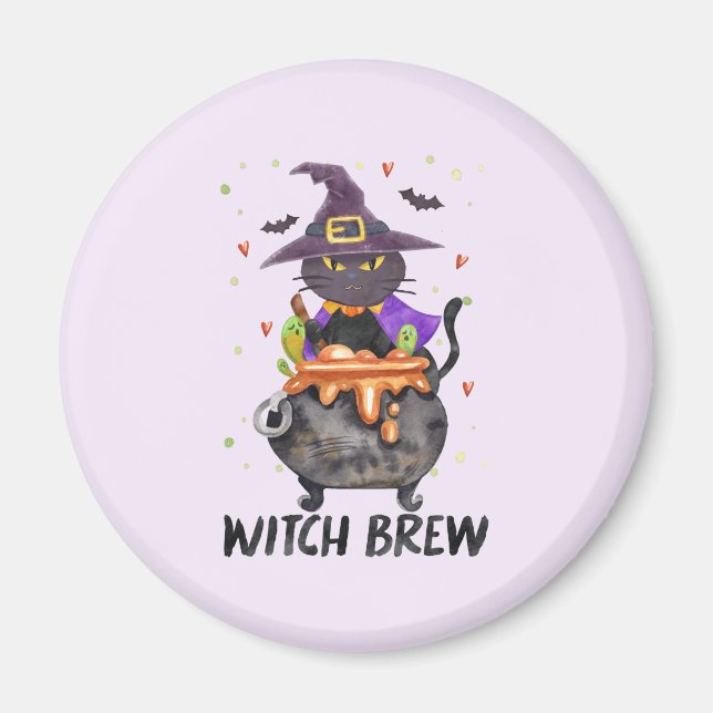 Witch Brew – Halloween Witch Cat in a Cauldron Magnet (Front)