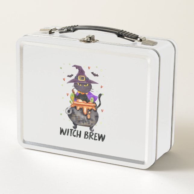 Witch Brew – Halloween Witch Cat in a Cauldron Metal Lunch Box (Front)