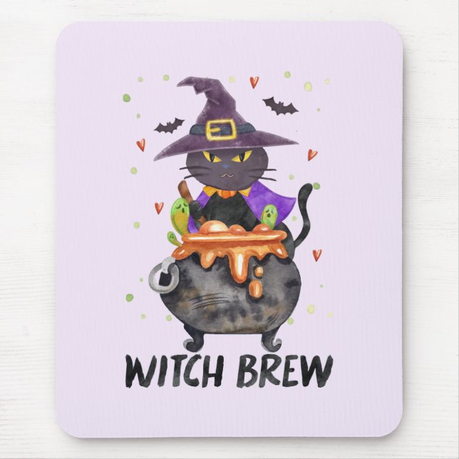Witch Brew – Halloween Witch Cat in a Cauldron Mouse Pad (Front)