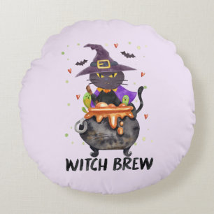 Witch Brew – Halloween Witch Cat in a Cauldron Round Cushion