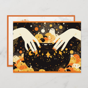 Witch Brewing Magic in Halloween Cauldron Holiday Postcard