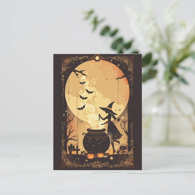 Witch Brewing Magic Under the Moon Holiday Postcard (Standing Front)