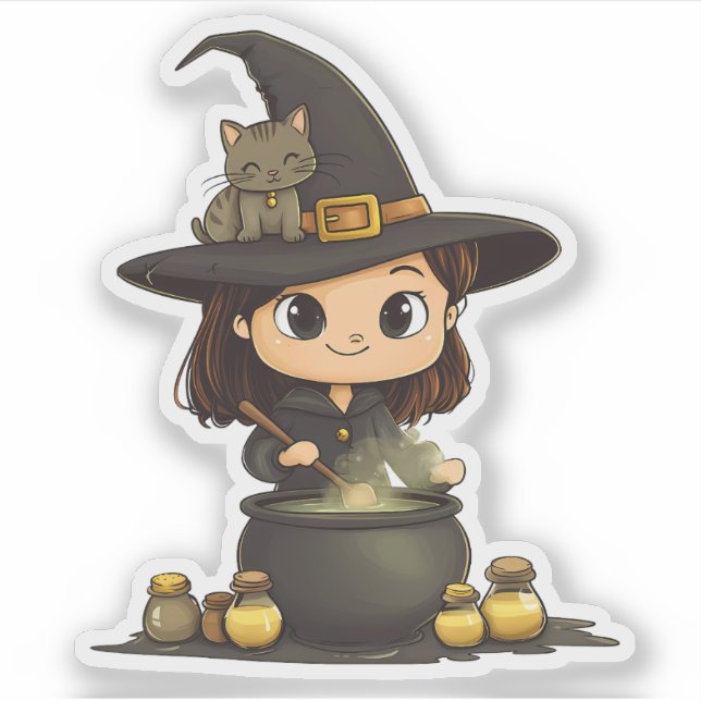 Witch Brewing Potion with Kitty on Hat (Front)