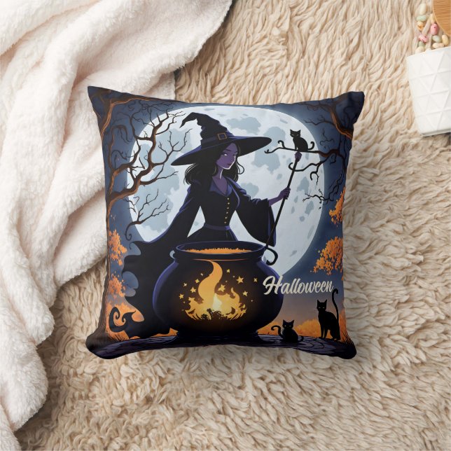 Witch brewing potions on a Halloween night Cushion (Blanket)