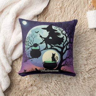 Witch brewing potions on Halloween night Cushion