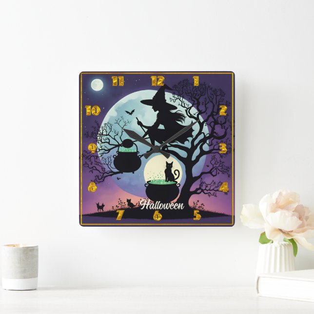 Witch brewing potions on Halloween night Square Wall Clock (Home)