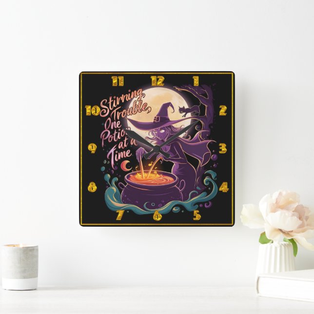 Witch brewing potions under a full moon square wall clock (Home)