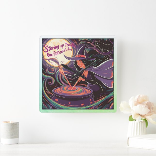 Witch brewing potions under a full moon square wall clock (Home)