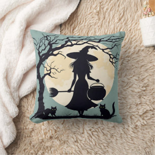 Witch brewing potions under the full moonlight cushion