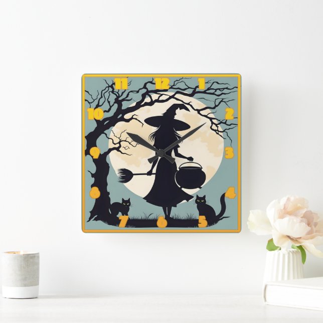 Witch brewing potions under the full moonlight square wall clock (Home)