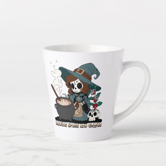 Witch Brewing up Spells and Coffee Latte Mug (Right)