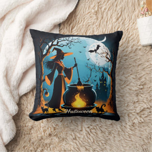 Witch brews in moonlit Halloween forest Cushion