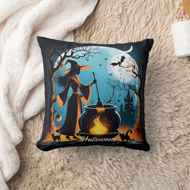 Witch brews in moonlit Halloween forest Cushion (Blanket)