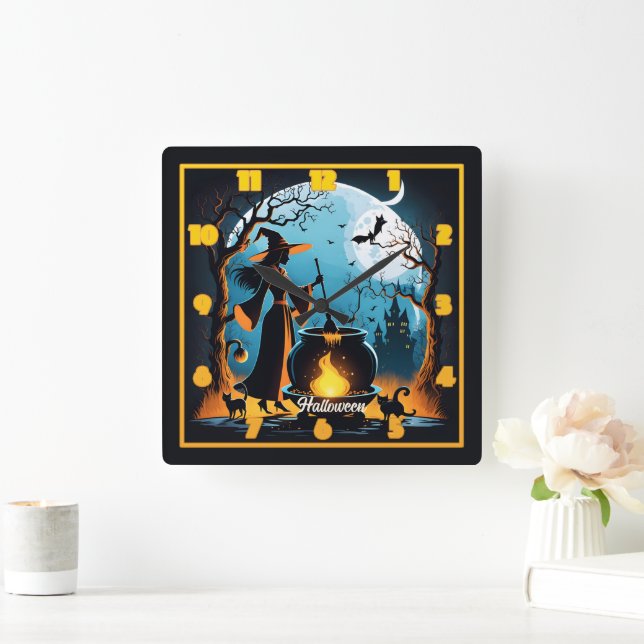 Witch brews in moonlit Halloween forest Square Wall Clock (Home)