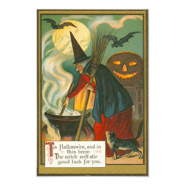 Witch Broom Cauldron Jack O Lantern Bat Cat Photo Print (Front)