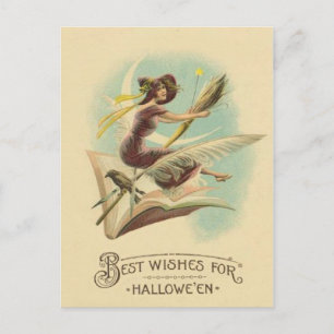 Witch Broom Crescent Moon Book Raven Postcard