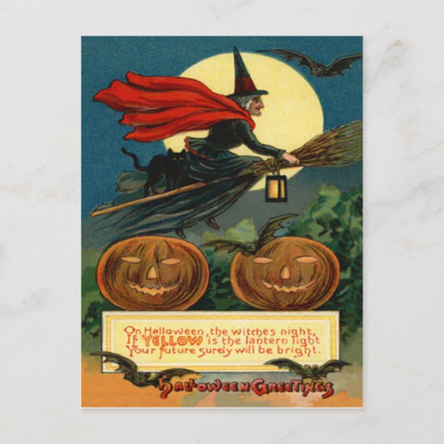 Witch Broom Flying Jack O Lantern Black Cat Bat Postcard (Front)
