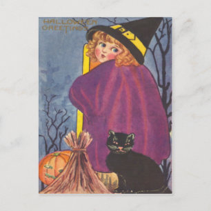 Witch Broom Jack O Lantern Black Cat Trees Postcard