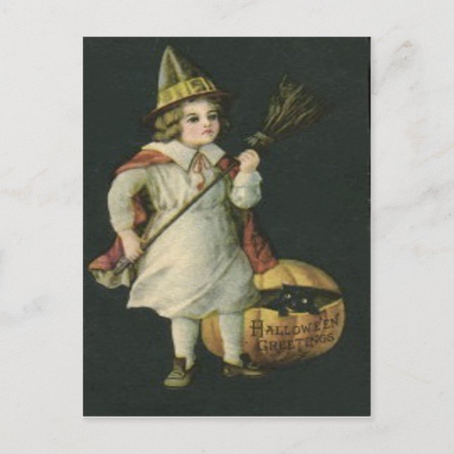 witch Broom Jack O Lantern Pumpkin Black Cat Postcard (Front)