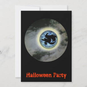 Witch Broomstick Blue Moon Halloween Invitation