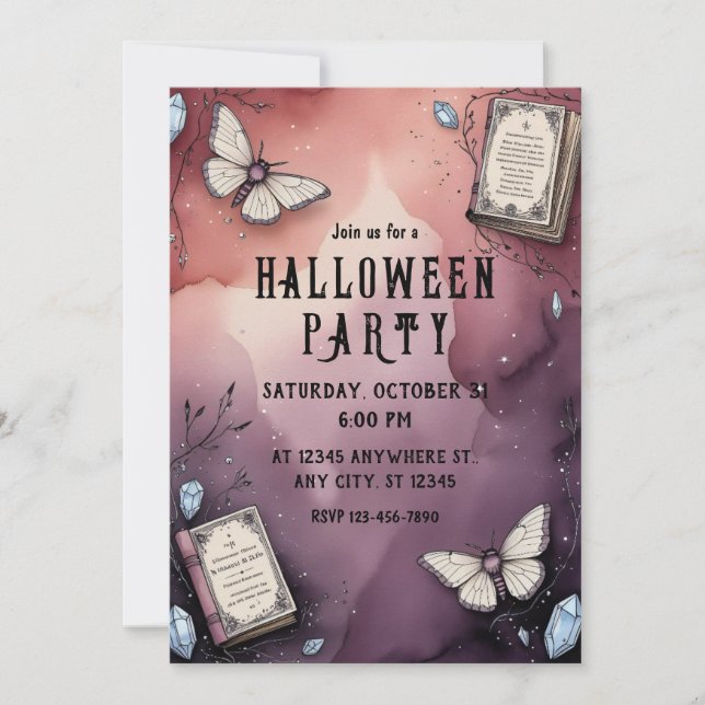 Witch, Butterfly, Spell Book, Halloween Invitation (Front)