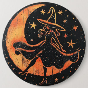 Witch button in orange and black moon and stars