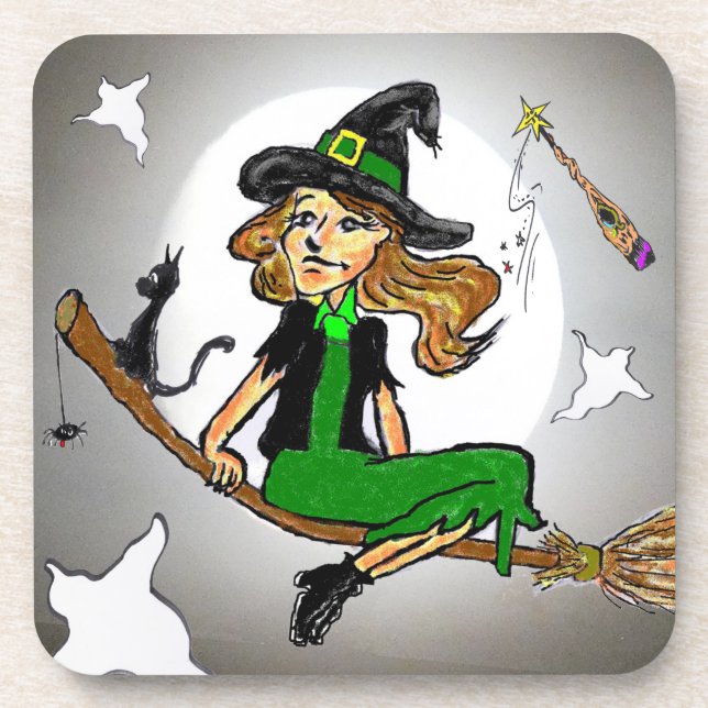 Witch Cartoon Halloween Party Coaster (Front)