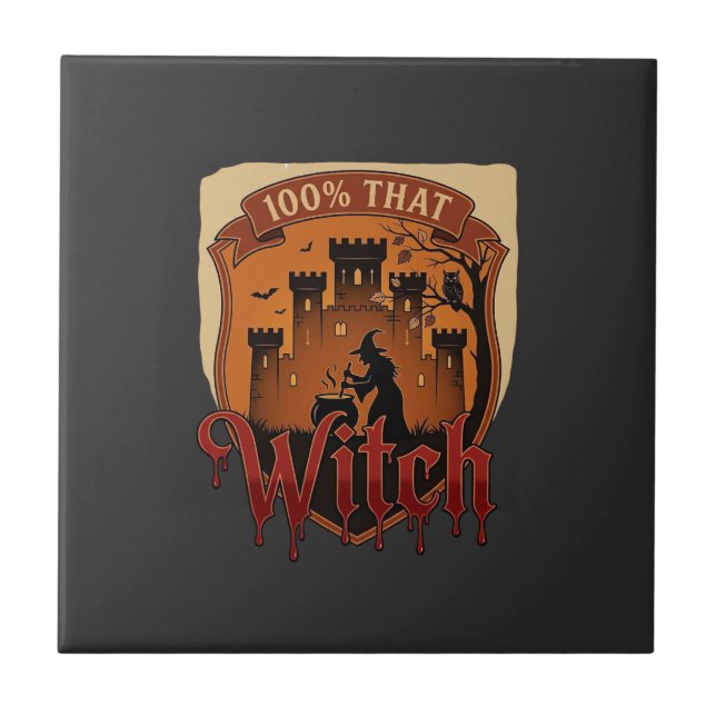 Witch Castle Cauldron Owl Bats_1 Ceramic Tile (Front)