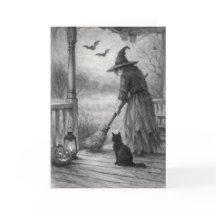 Witch, Cat and Bats Halloween Greeting Card