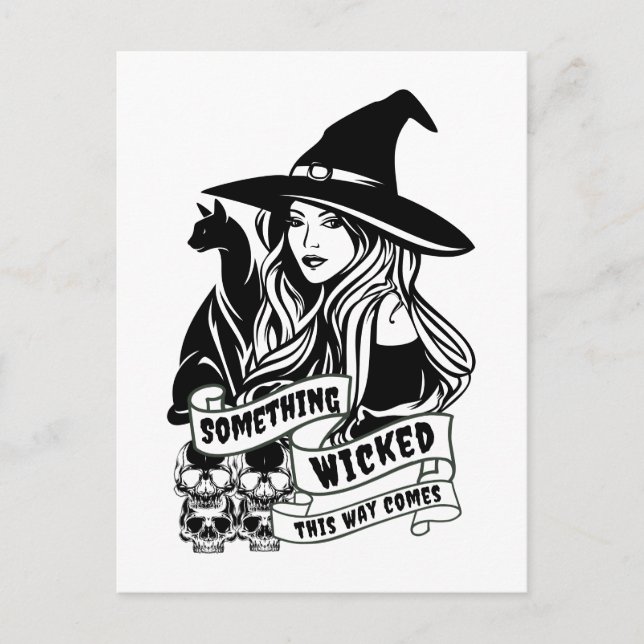 Witch Cat and Skulls Wicked Postcard (Front)