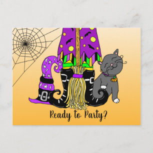 Witch, Cat and Spiderweb Cute Halloween Invitation Postcard