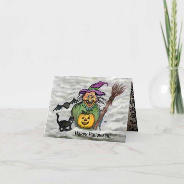 Witch , Cat , Bat and Pumpkin , Happy Halloween ! Card (Front)