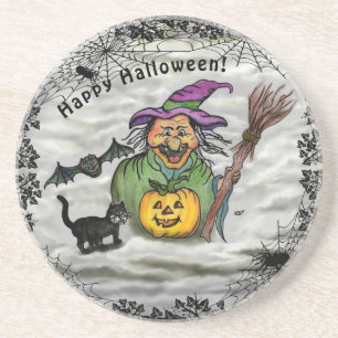 Witch , Cat , Bat and Pumpkin , Happy Halloween ! Coaster