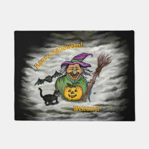 Witch , Cat , Bat and Pumpkin , Happy Halloween ! Doormat