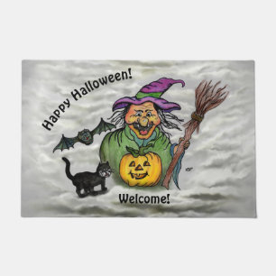 Witch , Cat , Bat and Pumpkin , Happy Halloween ! Doormat