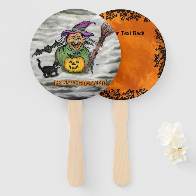 Witch , Cat , Bat and Pumpkin , Happy Halloween ! Hand Fan (Front and Back)