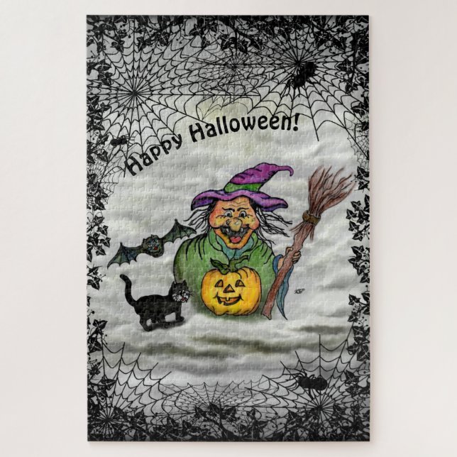 Witch , Cat , Bat and Pumpkin , Happy Halloween ! Jigsaw Puzzle (Vertical)
