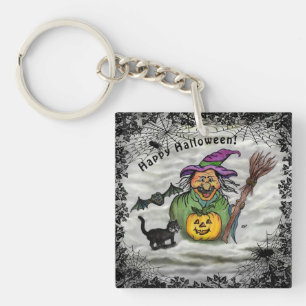 Witch , Cat , Bat and Pumpkin , Happy Halloween ! Key Ring
