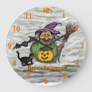 Witch , Cat , Bat and Pumpkin , Happy Halloween ! Large Clock