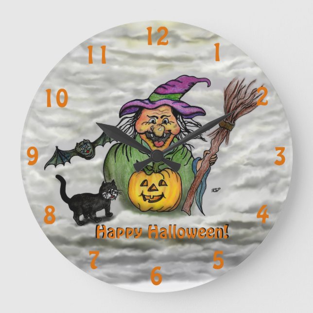 Witch , Cat , Bat and Pumpkin , Happy Halloween ! Large Clock (Front)