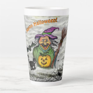Witch , Cat , Bat and Pumpkin , Happy Halloween ! Latte Mug