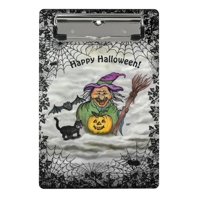 Witch , Cat , Bat and Pumpkin , Happy Halloween ! Mini Clipboard (Front)