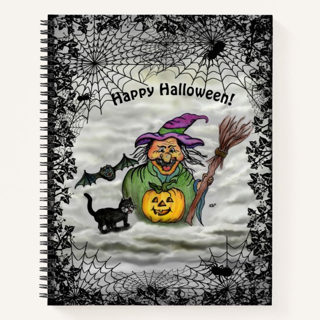 Witch , Cat , Bat and Pumpkin , Happy Halloween ! Notebook (Front)