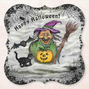 Witch , Cat , Bat and Pumpkin , Happy Halloween ! Paper Coaster