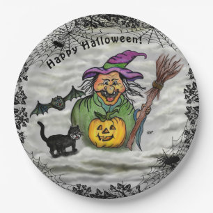Witch , Cat , Bat and Pumpkin , Happy Halloween ! Paper Plate