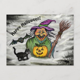 Witch , Cat , Bat and Pumpkin , Happy Halloween ! Postcard