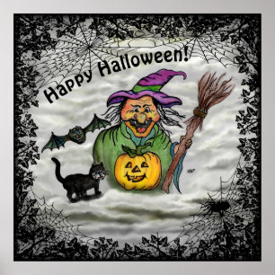 Witch , Cat , Bat and Pumpkin , Happy Halloween ! Poster