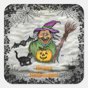 Witch , Cat , Bat and Pumpkin , Happy Halloween ! Square Sticker