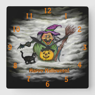 Witch , Cat , Bat and Pumpkin , Happy Halloween ! Square Wall Clock