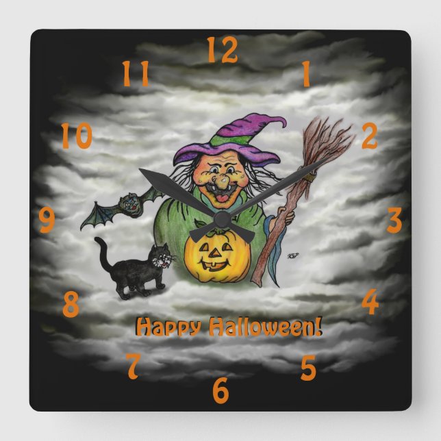 Witch , Cat , Bat and Pumpkin , Happy Halloween ! Square Wall Clock (Front)